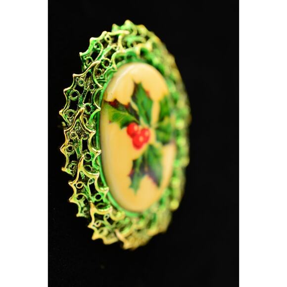 Tancer II Christmas Pin Brooch Holiday Red Berry Mistletoe Gold Signed BinAL - Picture 2 of 12